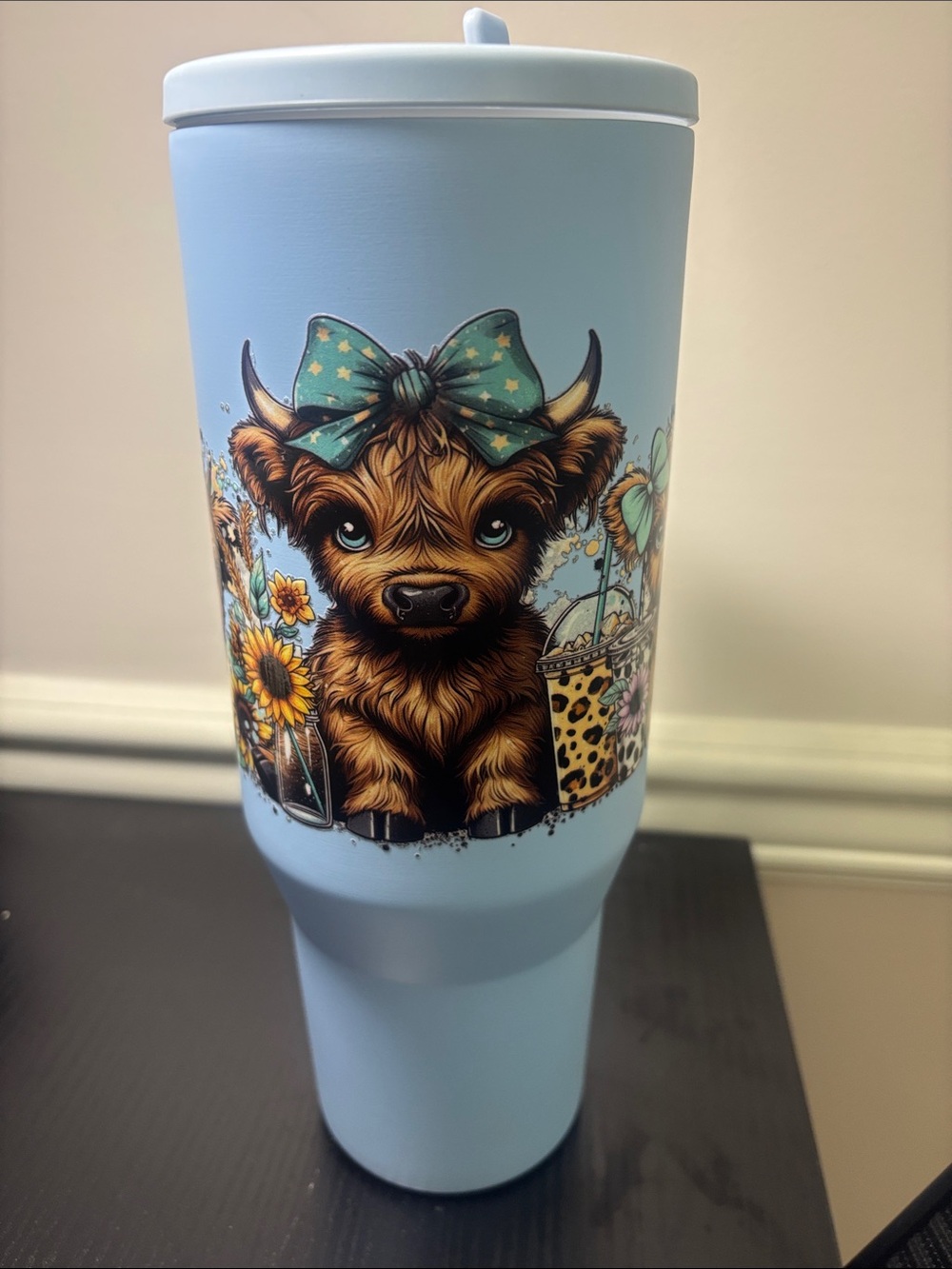 Light Blue Stainless 40oz Travel Tumbler with Cute Highland Cow Print